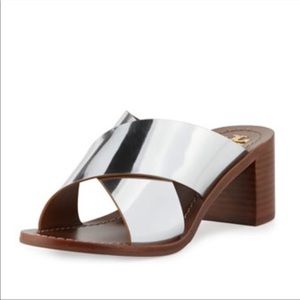 TORY BURCH Mule Montrose Stacked Block Heel Silver Leather Slip On Size 7.5